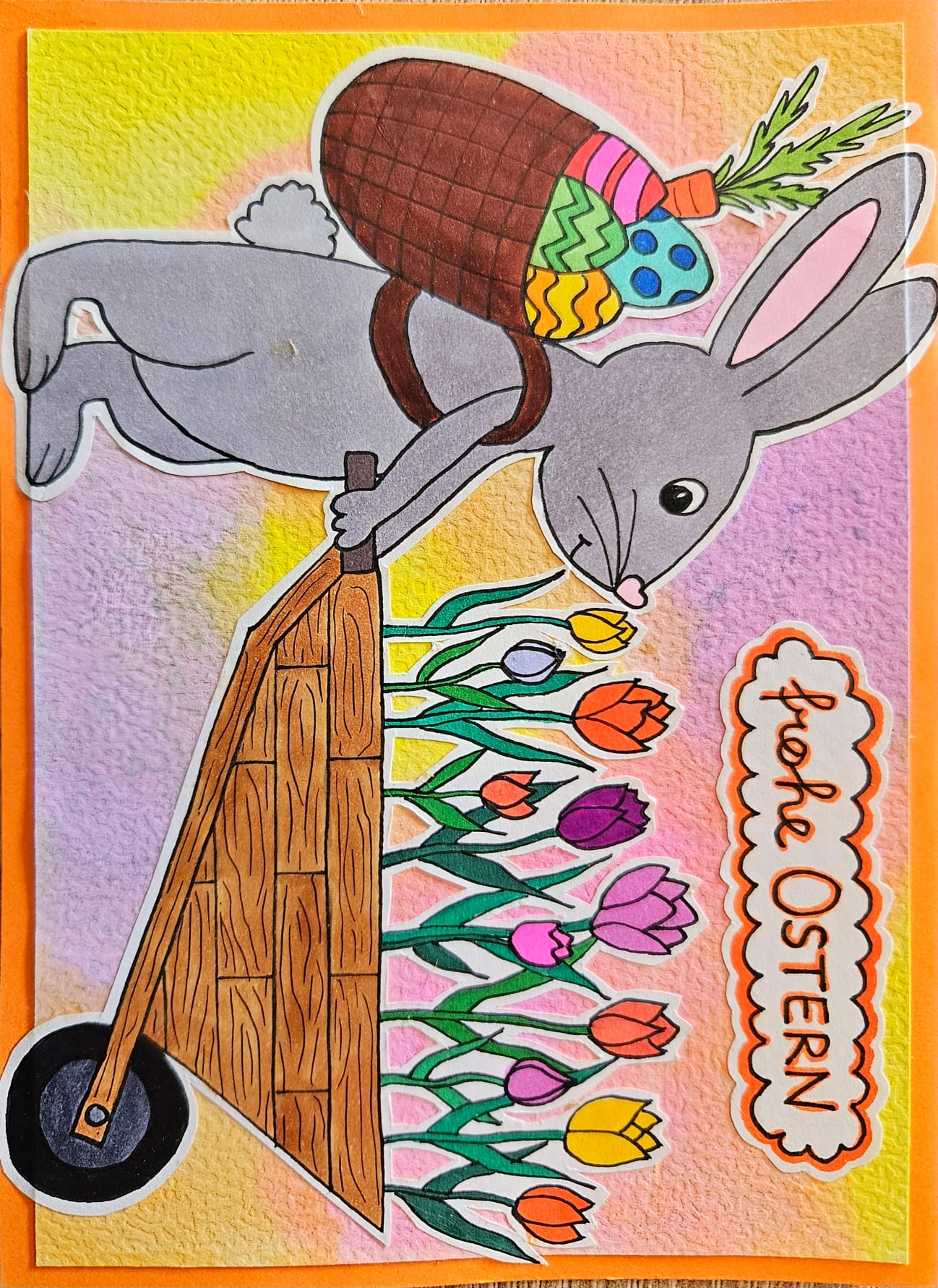 Osterkarte Hase Schubkarre